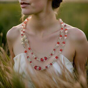 Double strand hand designed crystal necklace, red and clear.